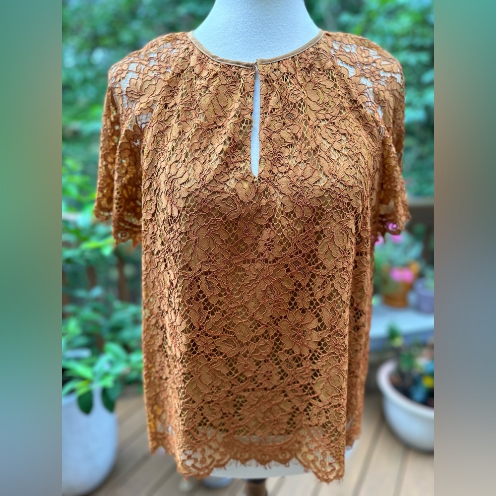 J. Crew Top Womens Ochre Brown Orange Lace Blouse Short Sleeve Medium